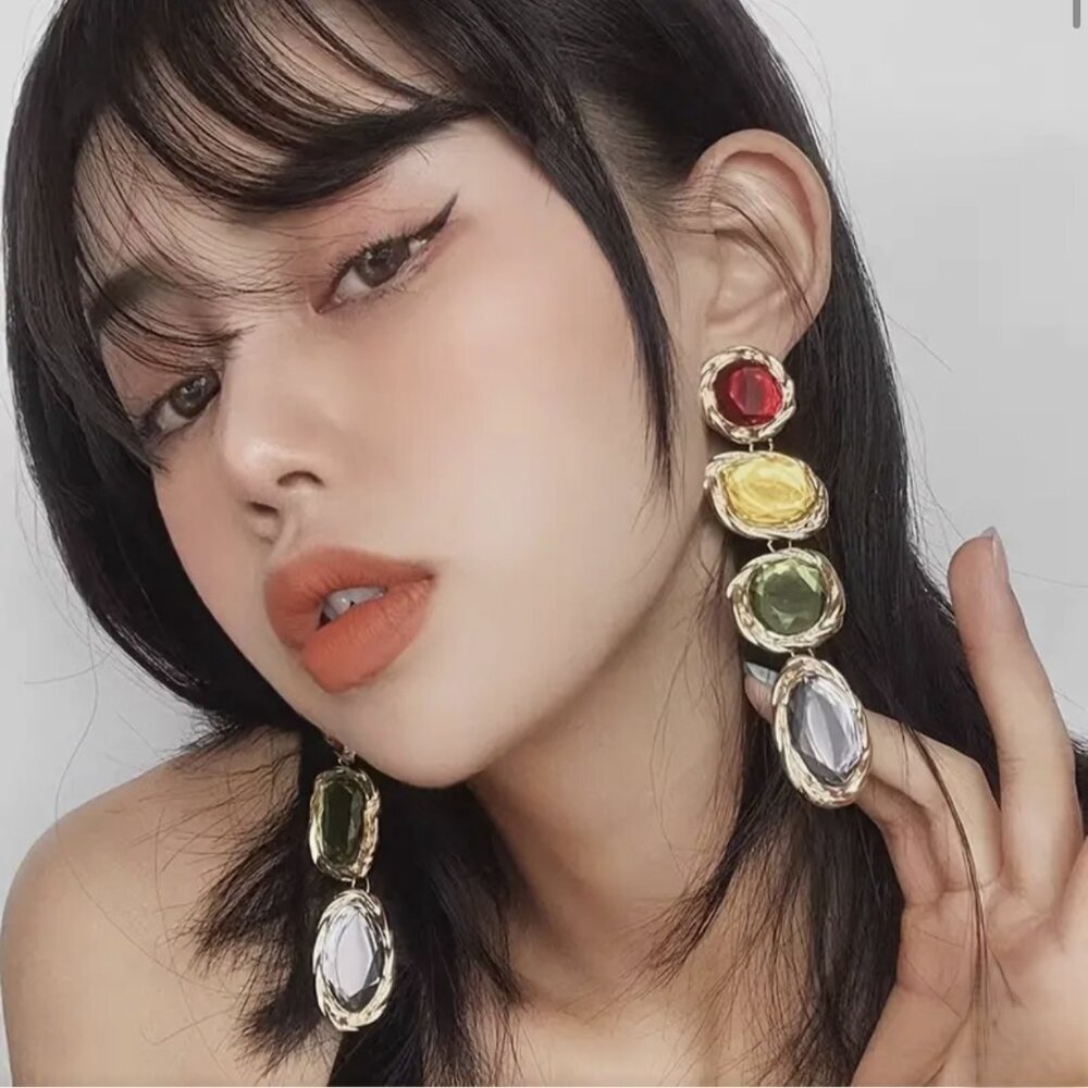 NEW Salome Bold Retro 90's Gold Jeweled Drop Earrings Red Blue Green Yel…